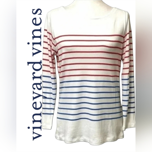 Vineyard Vines Tops - Vineyard Vines White Red Blue Stripes Boat Neck Long Sleeve Top Sweater Shirt XS